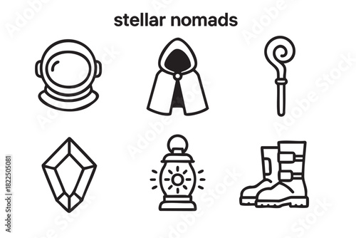 Set of six black outline icons for a science fantasy adventure theme, including an astronaut helmet, hooded cloak, magic staff, crystal, lantern, and heavy boots