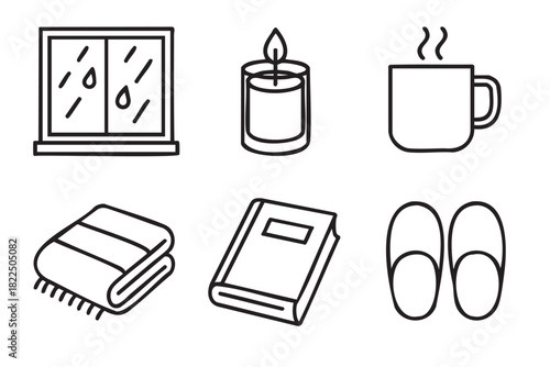 Set of six black line art icons representing a cozy rainy day at home with a window, candle, hot drink, blanket, book, and slippers for a hygge lifestyle concept
