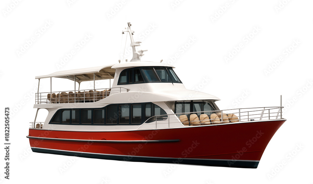Obraz premium Single-deck ferry featuring an open-air seating area on the upper level.