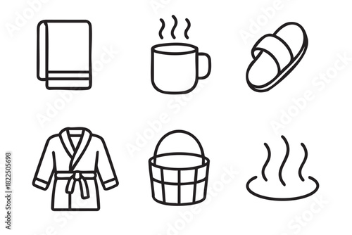 Set of six black line art icons for spa and sauna including a towel, mug, slipper, bathrobe, bucket, and steam symbol in a minimalist graphic illustration style