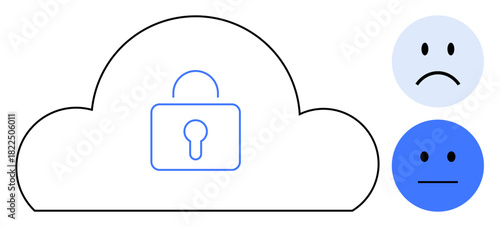 Cloud security concept. Cloud icon with lock for secure data storage and two user emotion icons expressing concerns about cybersecurity. Perfect for data protection, technology, user experience