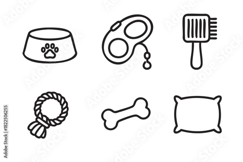 Set of six pet care accessory icons featuring a bowl, leash, brush, rope toy, bone, and bed illustrated in a simple black and white line art graphic style
