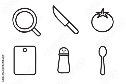 Set of six black line icons for cooking and food preparation including a pan, knife, tomato, cutting board, salt shaker, and spoon in a simple graphic style
