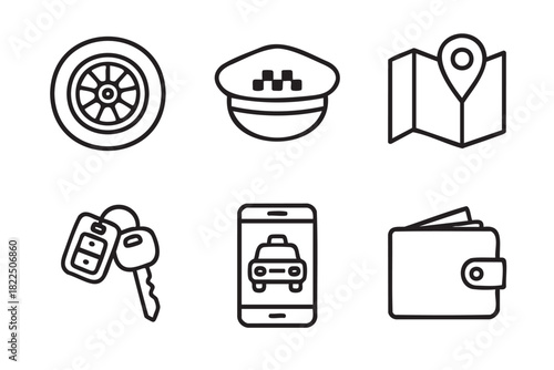 Collection of six taxi service icons in a simple black outline style featuring a wheel, driver hat, map pin, car key, smartphone application, and a wallet for payment