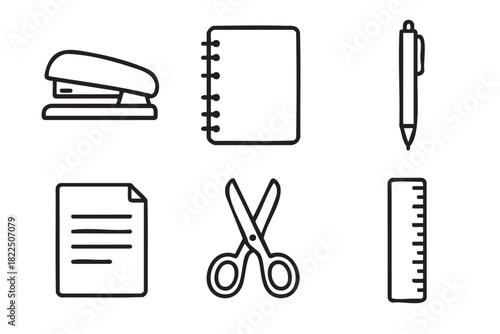 Set of six black line art office supply icons including a stapler, notebook, pen, paper, scissors, and ruler in a simple, minimalist hand-drawn doodle style
