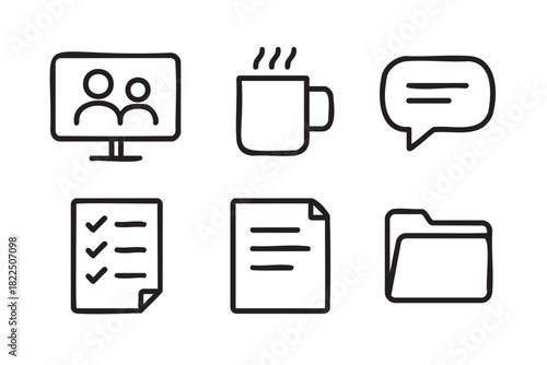 Set of six hand-drawn business icons representing a video conference, coffee break, chat, checklist, document, and folder in a minimalist black line art doodle style