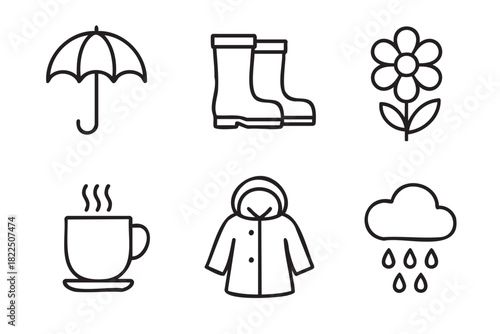 Collection of six minimalist black outline icons for spring and rainy weather, featuring an umbrella, rubber boots, a flower, a steaming mug, a raincoat, and a rain cloud