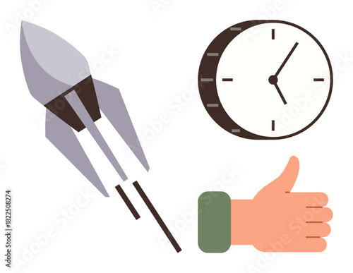 Rocket taking off, simple clock, and thumbs up representing concepts thumbs up efficiency, time management, and achievement. Ideal for productivity, business, goals success and innovative ideas. A