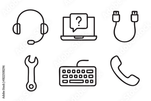 Set of six black line icons representing customer service and technical support, including a headset, laptop, cable, wrench, keyboard, and telephone in a simple doodle style