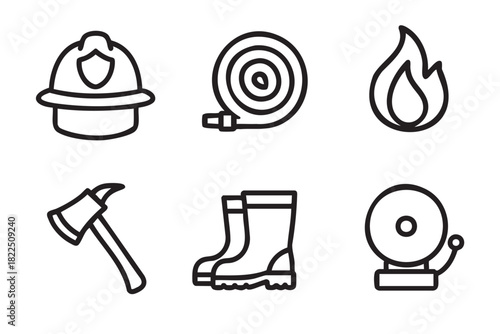 Firefighter equipment and safety symbols icon set with a helmet, hose, flame, axe, boots, and alarm bell in a simple black and white minimalist line art style