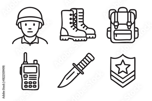 Set of six military line icons featuring a soldier in a helmet, combat boots, a backpack, a walkie-talkie, a combat knife, and a rank insignia badge