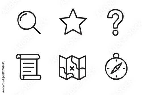 Set of six black line icons for adventure and exploration, including a magnifying glass, star, question mark, scroll, map, and compass in a simple, hand-drawn style