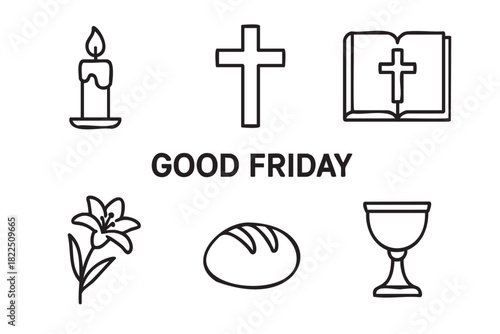 Set of black line art icons for good friday including a cross, bible, candle, lily, bread, and chalice in a simple, minimalist vector illustration for religious observance