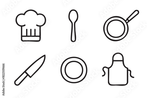 Set of six black line cooking icons including a chef hat, spoon, pan, knife, plate, and apron in a simple minimalist style for culinary and restaurant concepts