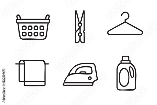 Set of six laundry service icons featuring a basket, clothespin, hanger, towel, iron, and detergent in a minimalist black and white line art illustration