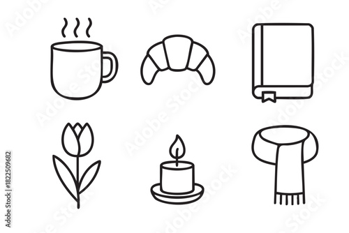 Set of six cozy lifestyle icons in a minimalist line art style, featuring a steaming mug, croissant, book with bookmark, tulip flower, lit candle, and a warm winter scarf