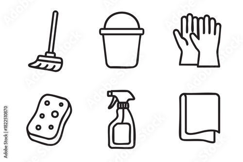 Set of six black line art cleaning icons including a broom, bucket, gloves, sponge, spray bottle, and cloth, representing housework and hygiene in a simple vector illustration style