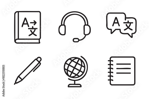 Set of six black line icons for language translation and global learning concepts, featuring a dictionary, headset, chat bubbles, pen, globe, and a spiral notebook