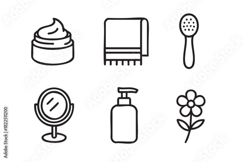 Set of six black line icons representing beauty and skincare products including a cream jar, towel, brush, mirror, pump dispenser, and flower in a minimalist style