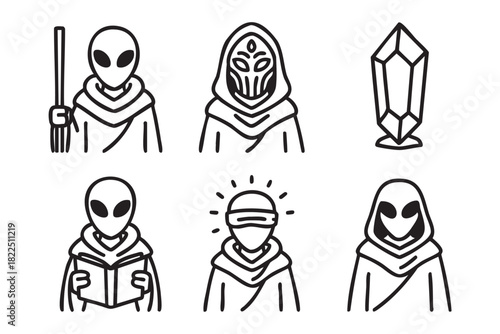Six black and white minimalist doodle icons of various alien characters in hooded robes, a masked figure, a glowing crystal, and a futuristic being with a visor