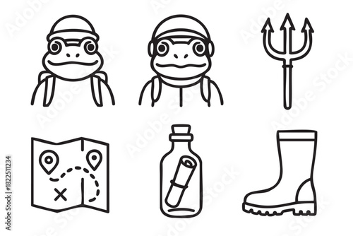 Set of black line art icons featuring a frog adventurer, a treasure map, a trident, a message in a bottle, and a rubber boot for exploration and quest concepts