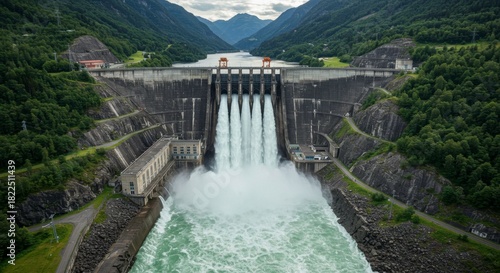 Aerial view of a hydroelectric dam in Norway surrounded by mountains and lush greenery showcasing