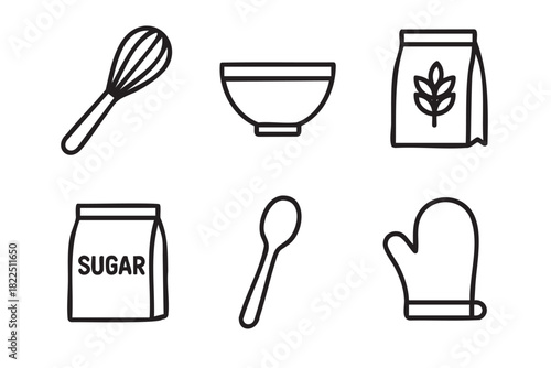 Set of six black line art baking icons including a whisk, bowl, flour, sugar, spoon, and oven mitt, representing cooking and homemade food preparation in a minimalist style