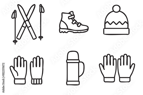Set of winter sports and activity icons in a minimalist line art style showing skis, poles, boots, a beanie hat, gloves, and a thermos for outdoor recreation and travel