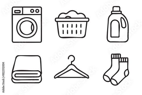Set of six black laundry icons featuring a washing machine, basket, detergent, folded towel, hanger, and socks in a simple line art style