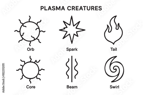 Six black outline icons representing plasma creatures and abstract energy shapes including an orb, spark, tail, core, beam, and swirl in a clean, minimalist vector illustration