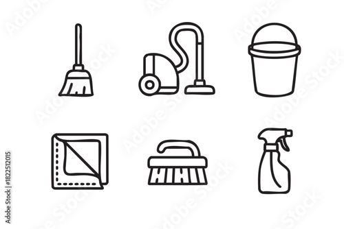 Six black line art cleaning supply icons including a broom, vacuum cleaner, bucket, cloth, scrub brush, and spray bottle representing housekeeping and domestic chores