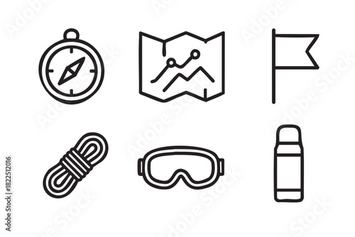 Set of six black line icons for hiking and mountaineering includes a compass, map, flag, rope, goggles, and thermos in a simple minimalist vector style