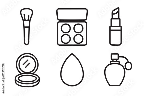 Collection of six minimalist makeup icons drawn in a simple black outline style, showing a brush, eyeshadow palette, lipstick, compact powder, sponge, and perfume bottle