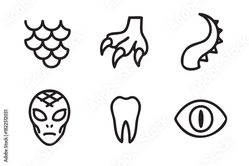 Set of six black outline icons representing fantasy creature parts like dragon scales, a monster claw, a spiky tail, an alien head, a sharp fang, and a reptilian eye