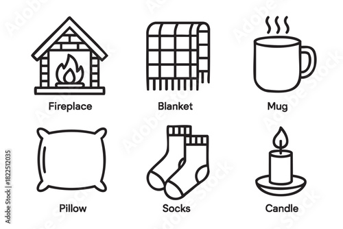 Set of six cozy home icons in a minimalist black line art style, including a fireplace, blanket, mug, pillow, socks, and candle for a warm and relaxing hygge theme