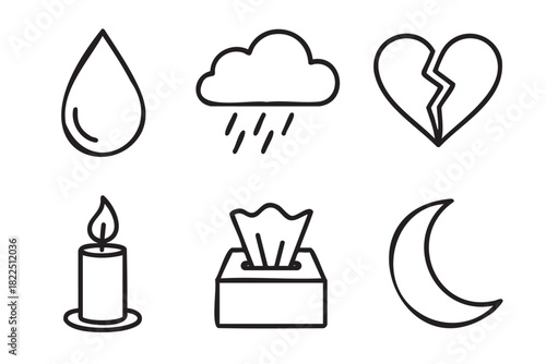 Six hand-drawn black outline icons symbolizing sorrow and loss, featuring a teardrop, rain cloud, broken heart, memorial candle, tissue box, and crescent moon