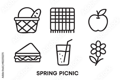 Set of six spring picnic icons showing a basket, blanket, apple, sandwich, drink, and flower in a simple black and white line art vector illustration style