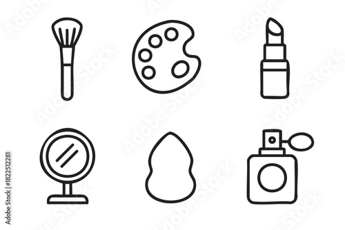 Set of six beauty and cosmetic icons in a minimalist black line art style, featuring a makeup brush, palette, lipstick, mirror, sponge, and perfume bottle for beauty concepts