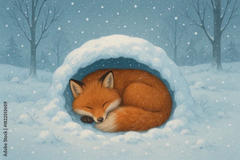 Naklejka premium Cozy fox in snowy landscape background