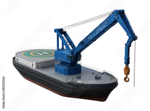 Floating crane barge featuring a built-in helipad and blue crane arm.
