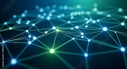 Futuristic abstract network connection with glowing blue and green nodes on a dark background. Data and technology concept.