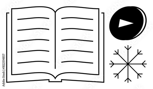 Open book with visible text lines, snowflake emphasizing winter, and circular play button indicating multimedia. Ideal for learning, education, winter themes, e-learning, digital content, seasonal