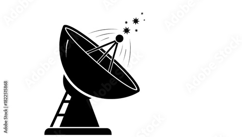 Vector illustration of black and white icon of a satellite dish transmitting signal or receiving data isolated on transparent background