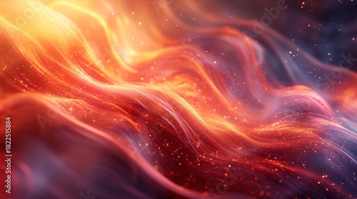 Glowing abstract background with flowing waves of red and orange energy. Dynamic texture of sparkling particles in fluid motion