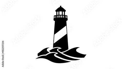 Vector illustration of black and white stylized lighthouse icon standing on ocean wave isolated on transparent background