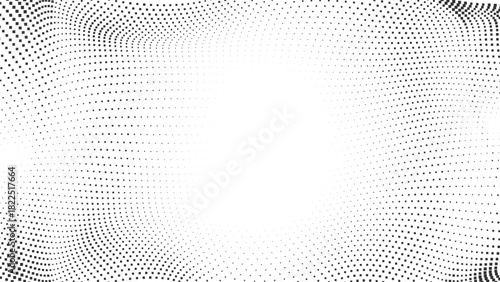 Dynamic halftone wave distortion background with flowing dotted grid pattern forming an abstract modern frame ideal for tech visuals and contemporary graphic design
