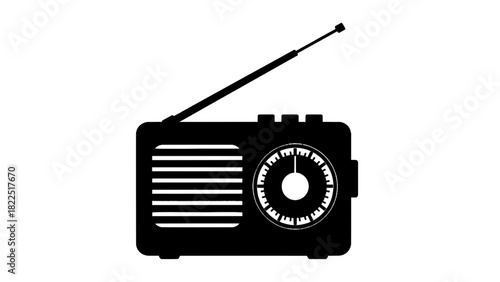 Vector illustration of black and white silhouette icon of a vintage portable radio with an antenna, isolated on transparent background