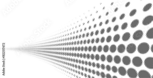 Abstract perspective black and white halftone dots pattern, vanishing point dotted gradient background, modern digital grid texture, graphic design element, futuristic monochrome wallpaper, technology