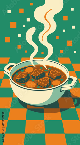 A steaming bowl of hot stew in a retro style. Vertical flat design vector illustration of a comfort food meal
