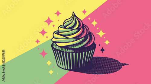 Pop art illustration of a sparkling cupcake. Retro comic style dessert with colorful frosting. Vector graphic for party and bakery design